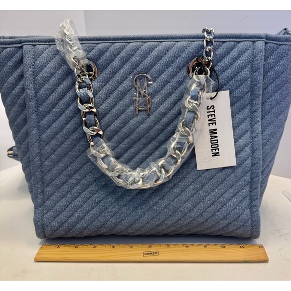 Steve Madden Bkattt-H Quilted Large Chain Tote Bag With Pouch Denim Blue - Picture 6 of 16